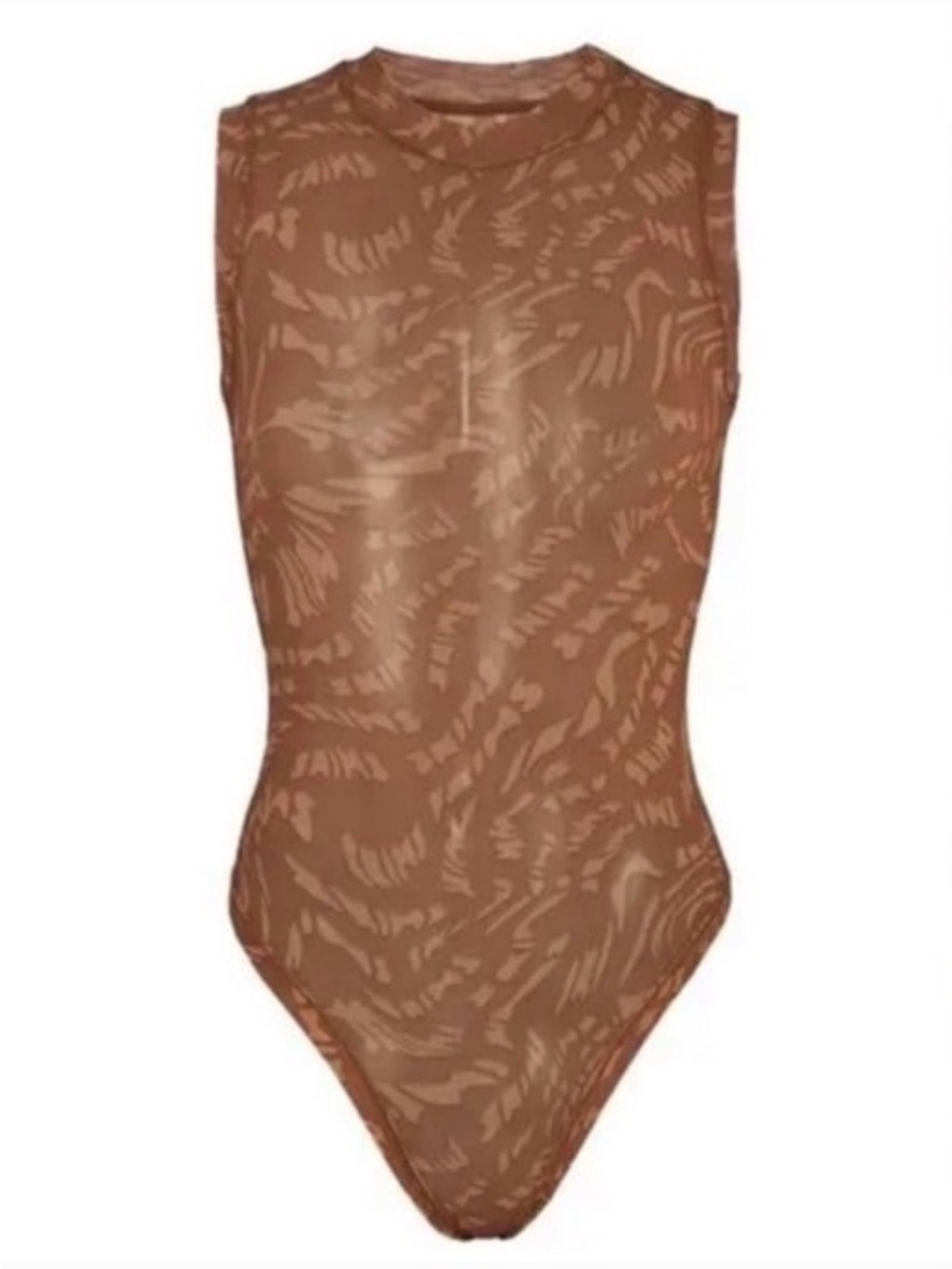 NWT🌸SKIMS Mock Neck Mesh Bodysuit in Latte Swirl Neutral Logo Monogram Sheer